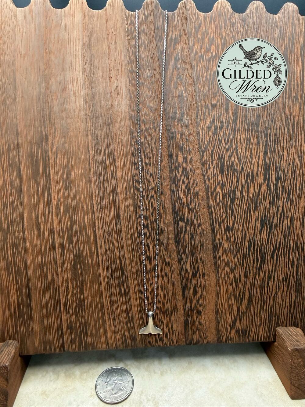 Sterling Silver 925 Whale Tail Pendant Necklace 18” Box Chain Nautical Coastal